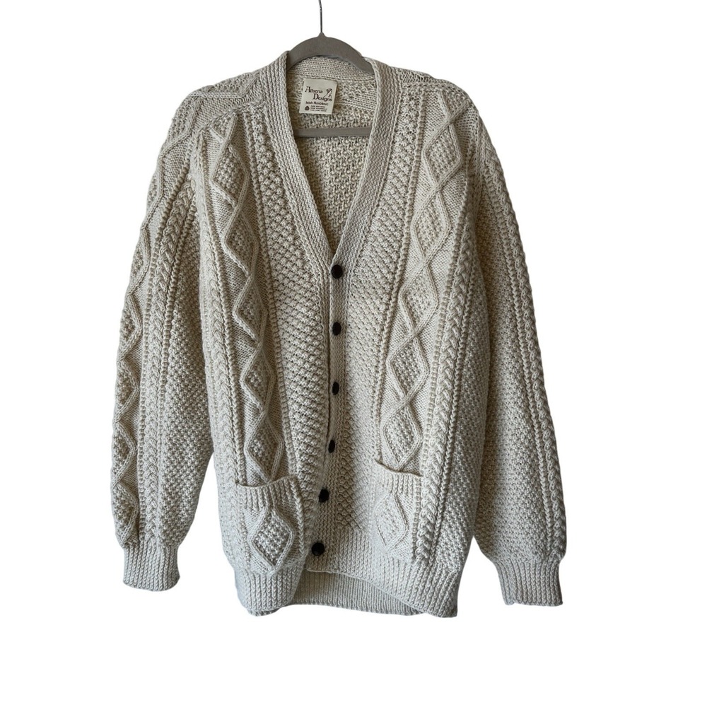 Athena Designs Irish Handknit Wool Cable‎ Knit Sweater Size L Cream Beige V Neck